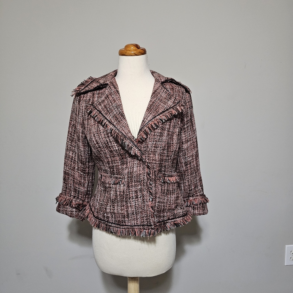 "New York & Company Pink Tweed Fringe Blazer Jacket Size 6"